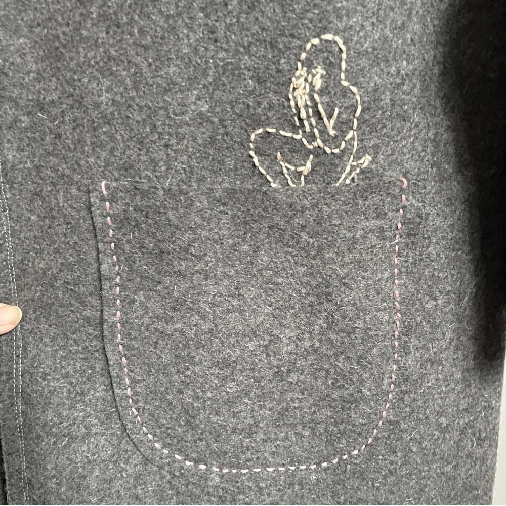 Handmade Gray Wool Elbow Cut-Out Embroidered Mid-Length Coat - 6/8, M, OOAK! - Picture 4 of 14
